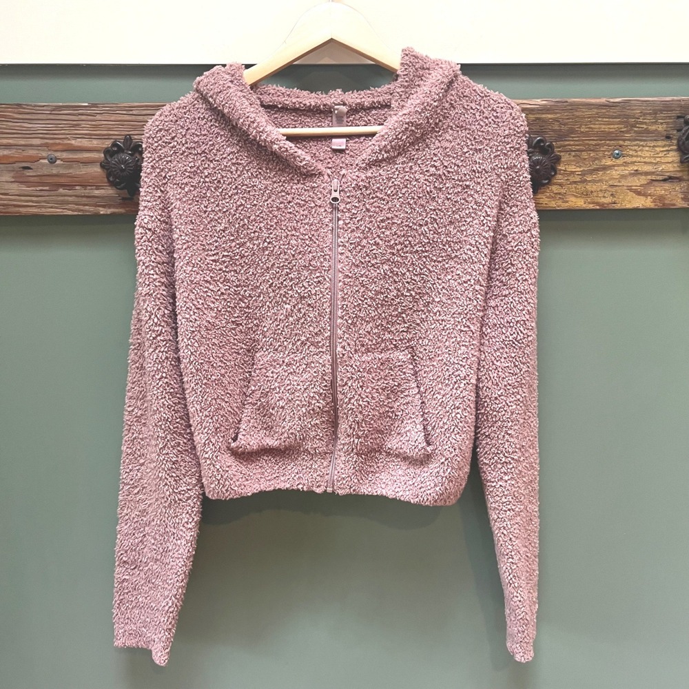 SKIMS Cozy Knit Zip Up Hoodie Dusty Rose Teddy Fleece L/XL Mauve Cropped